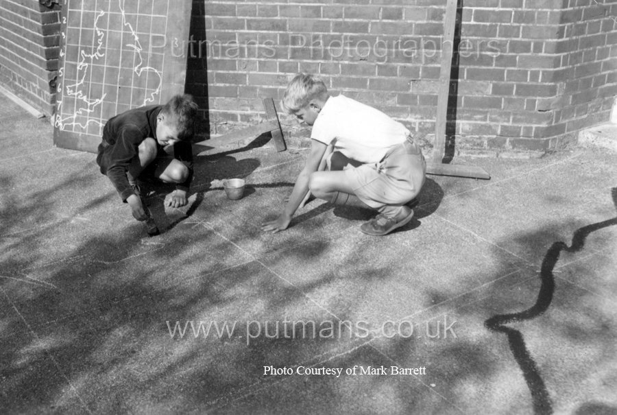 Ref F1 Junior 4 boys draw a map on playground c1955